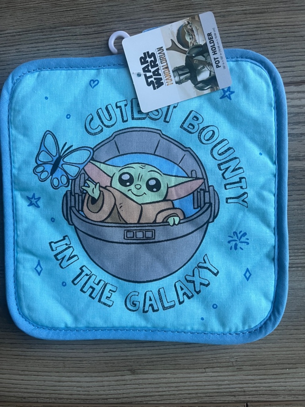 Star Wars Baby Yoda Blue Pot Holder with 'Cutest Bounty' Artwork